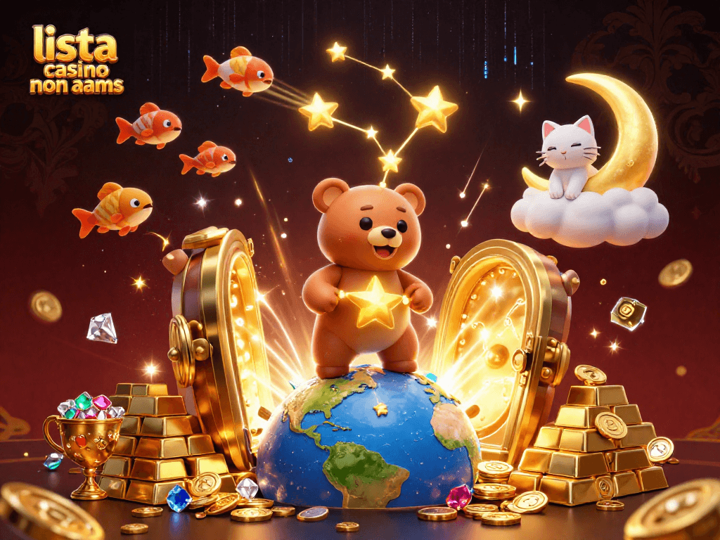 Scopri la lista casino non aams con un'illustrazione vivace di un orso delle costellazioni e un gatto sulla luna.