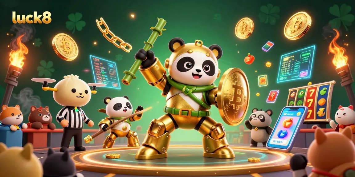 Engage in thrilling gameplay with luck8, featuring golden panda piloting a bamboo robot in a vibrant casino arena.