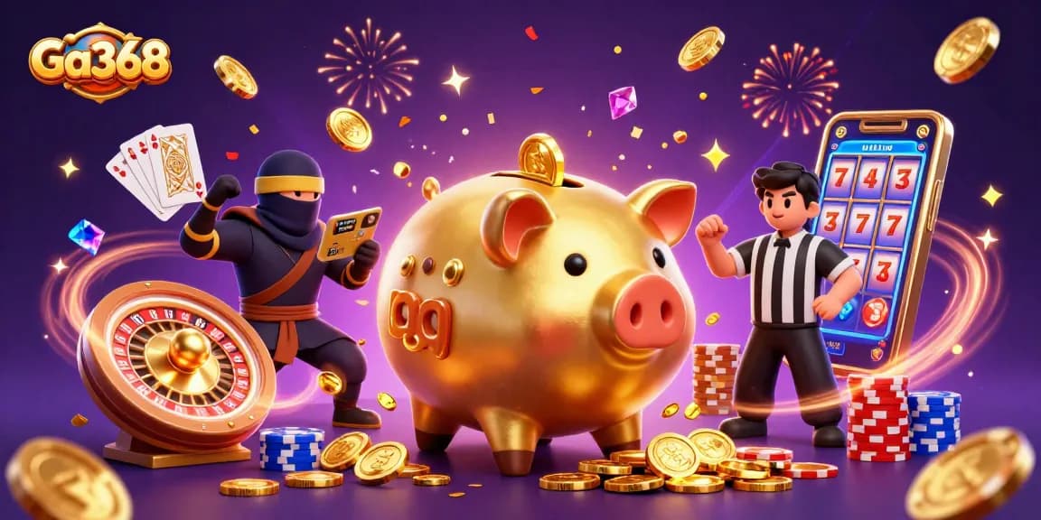 Watch Ga368's exciting digital illustration showcasing a dynamic piggy bank sumo wrestler in an energetic gambling scene.
