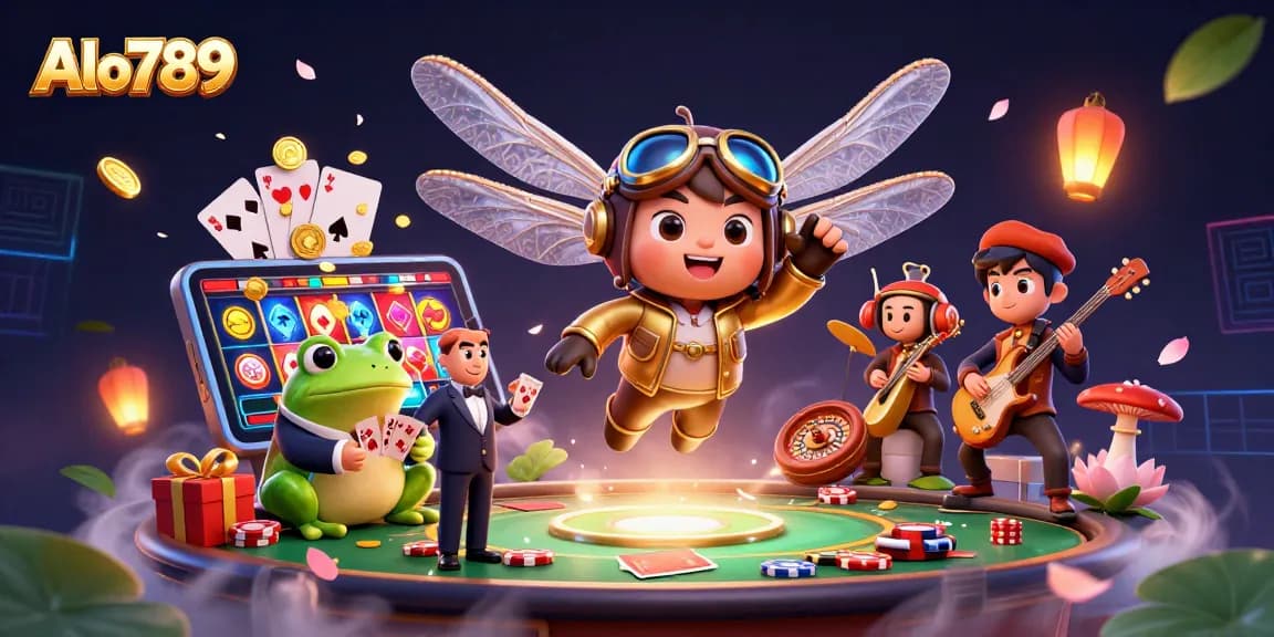 Alo789 players enjoy colorful slot games with vibrant characters in a lively casino scene