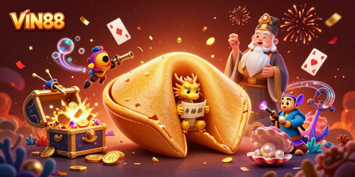 VIN88 unveils a vibrant 3D casino scene with a golden fortune cookie and dragon, embodying luck and winning.