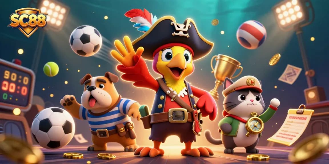 Engage with SC88 sports betting insights featuring cartoon pirate captain among dynamic balls and betting elements.