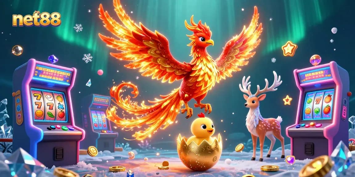 Experience the excitement of net88 with a vibrant 3D scene of a phoenix and gaming elements.