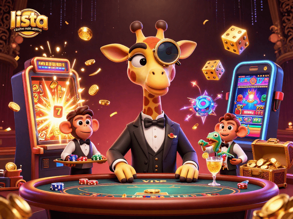 Scopri la lista casino non aams con un’illustrazione vivace di una giraffa in abito elegante al tavolo da poker.