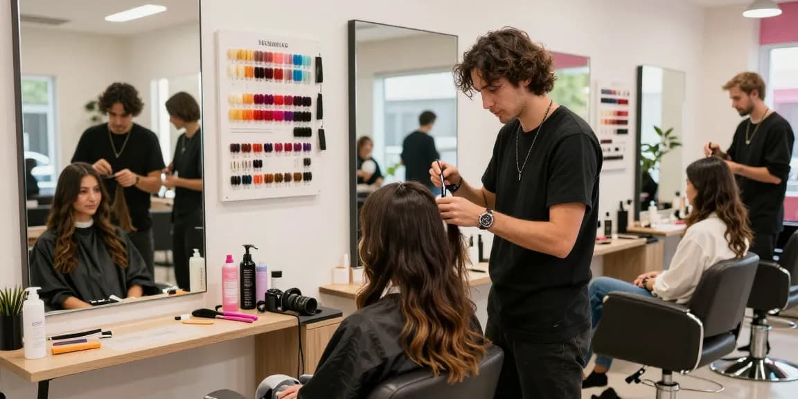 Stylish hair salon scene showcasing the latest hair style trend with vibrant hair extensions.