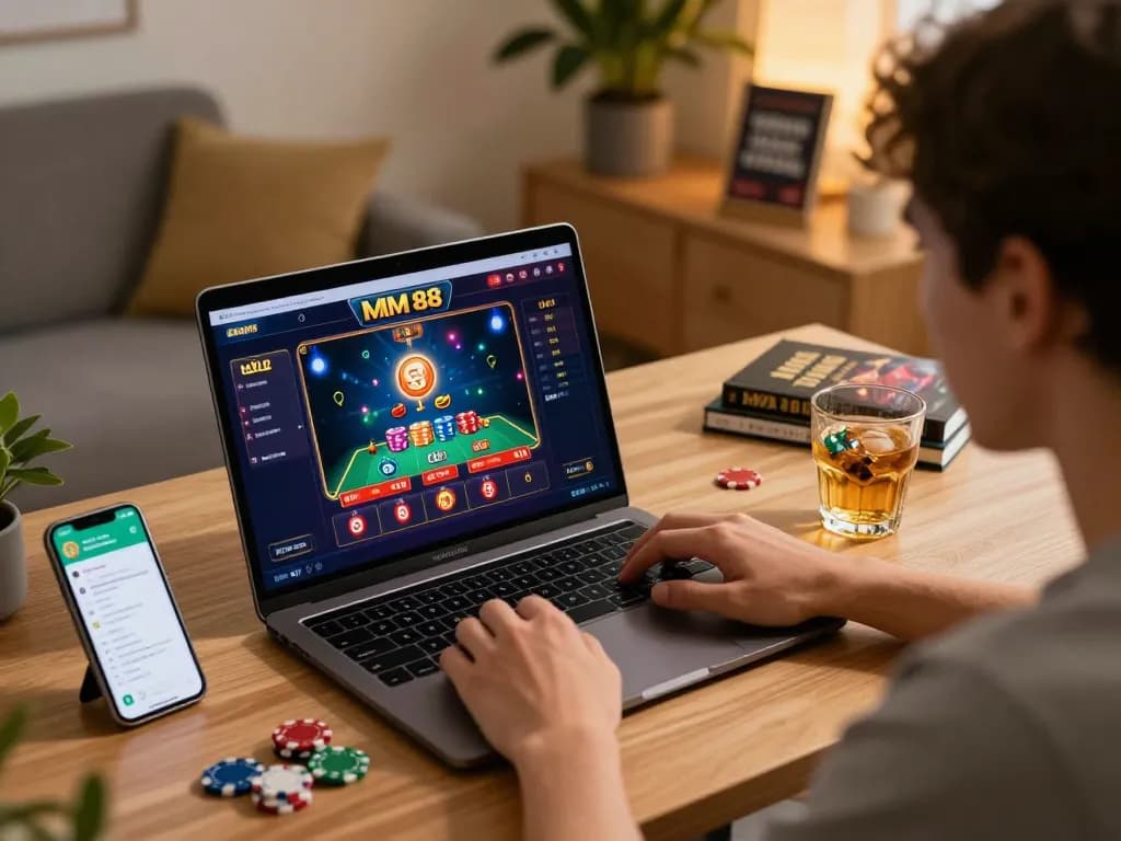 Engaging online gaming scene showcasing MM 88 casino setup with player strategizing bets and focused on laptop.