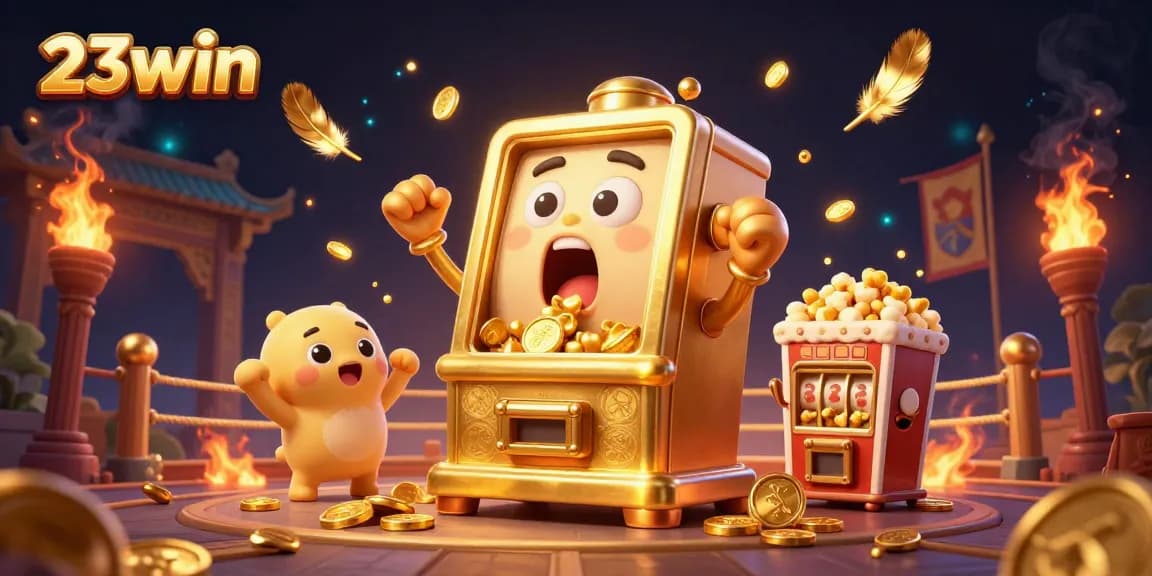 Feel the excitement as the golden slot machine celebrates a jackpot in 23win's vibrant casino scene.
