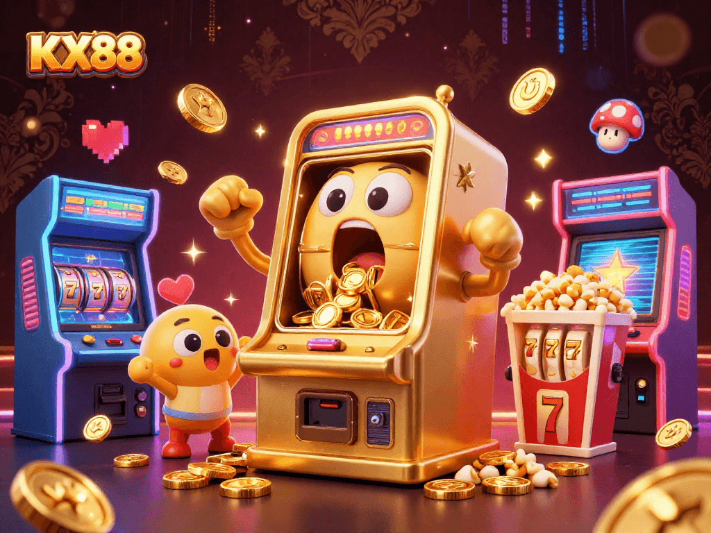 KX88 slot machine hitting jackpot, with cheering mini machines and popcorn, vibrant gaming scene