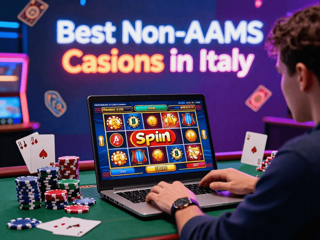 Giocatore davanti al laptop mentre esplora la lista casino non AAMS con fiches e carte da gioco, atmosfera di eccitazione e neon vibranti.