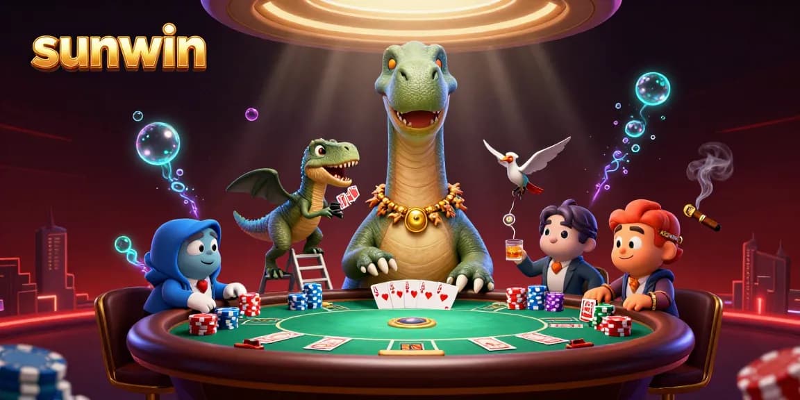 Experience thrilling poker action with sunwin featuring a dinosaur dealer in an exciting casino scene.