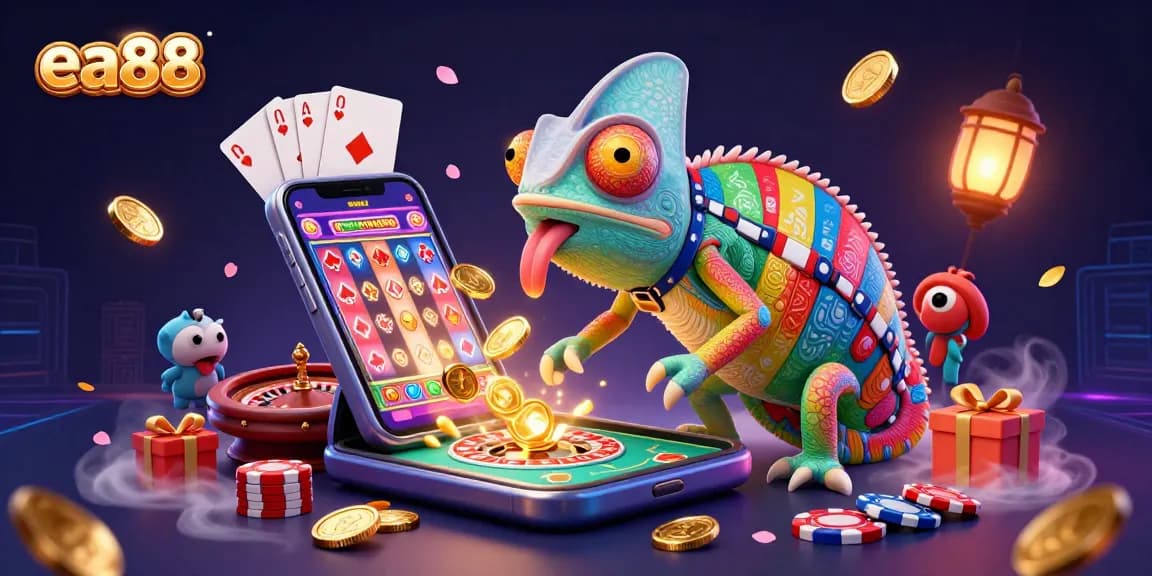 Experience the vibrant world of ea88 casino gaming with the lively chameleon character collecting golden coins amidst colorful slot games.