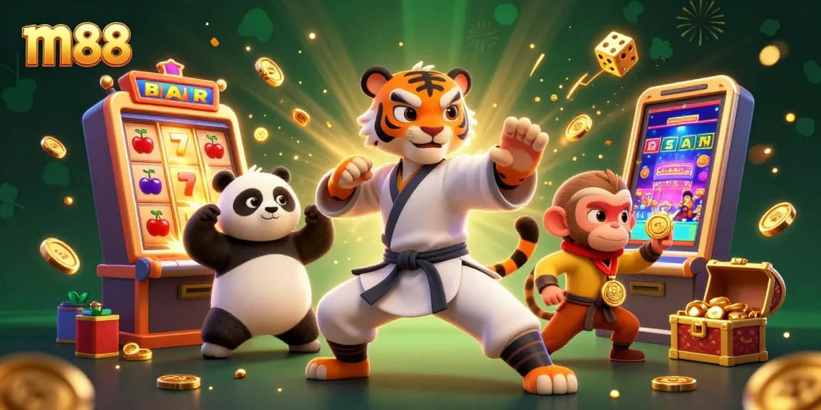 Experience the thrill of m88 casino with dynamic characters celebrating big wins and exciting gaming elements.