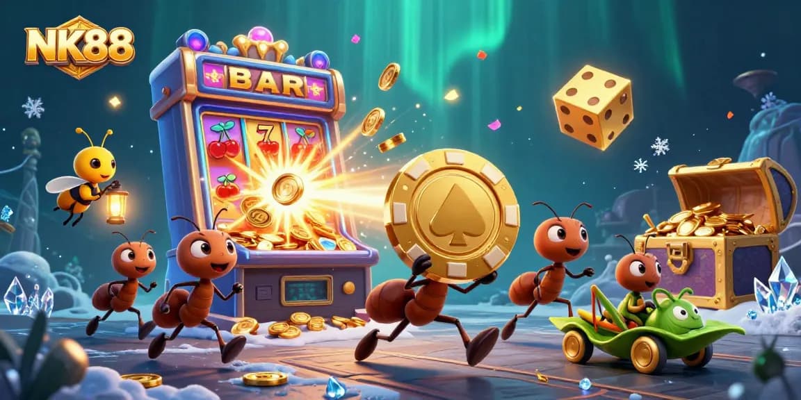 NK88 ants on a heist with a giant poker chip amidst a lively casino scene of bright jackpots.