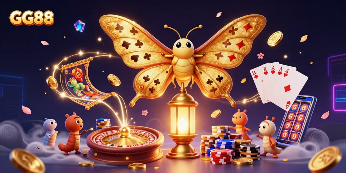 Experience GG88's vibrant casino adventure with golden coins and a majestic moth.