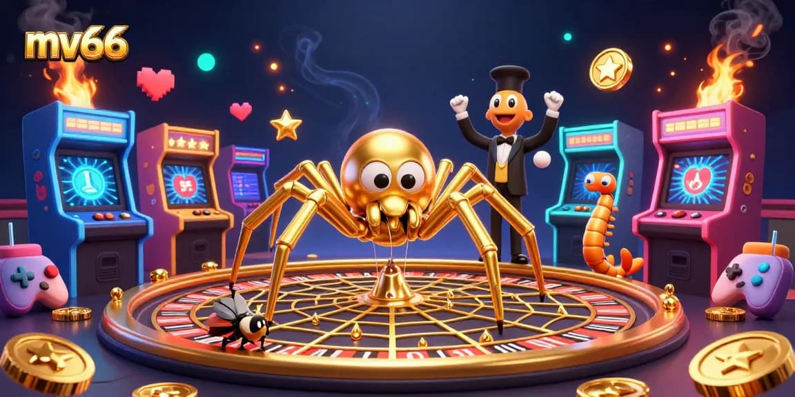 Place bets nervously at mv66's roulette wheel spun by a golden spider in this vibrant casino scene.