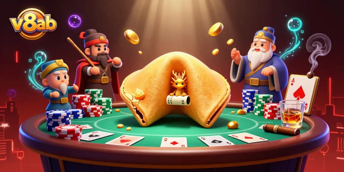 Experience thrilling gameplay with v8ab's giant golden fortune cookie in a vibrant casino scene.
