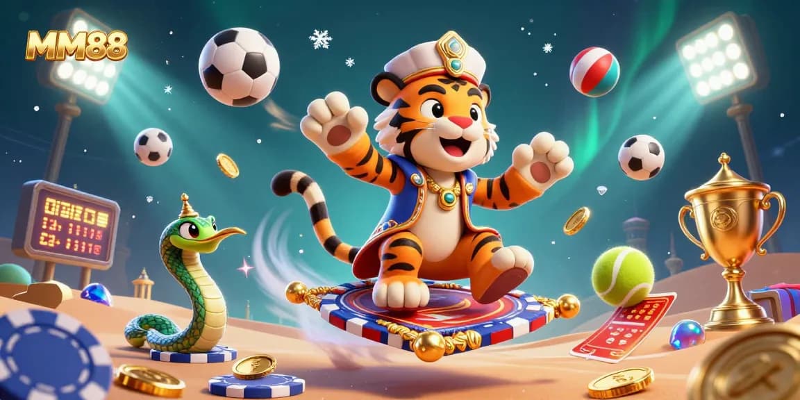 Experience the excitement of MM88 with a vibrant Arabian Nights-themed casino scene, featuring dynamic sports elements.