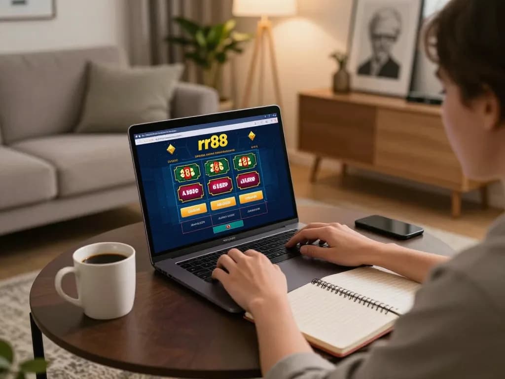 Person engaging in online casino gaming at rr88 on a laptop in a cozy living room.