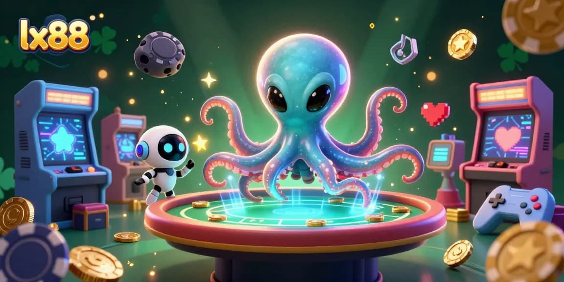 Play immersive games with lx88 featuring a glowing poker table surrounded by vibrant arcade elements and engaging characters.