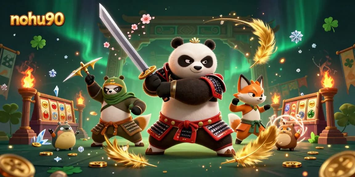 Nohu90 engages players with a dynamic casino scene featuring slots, samurai panda, and magical elements.