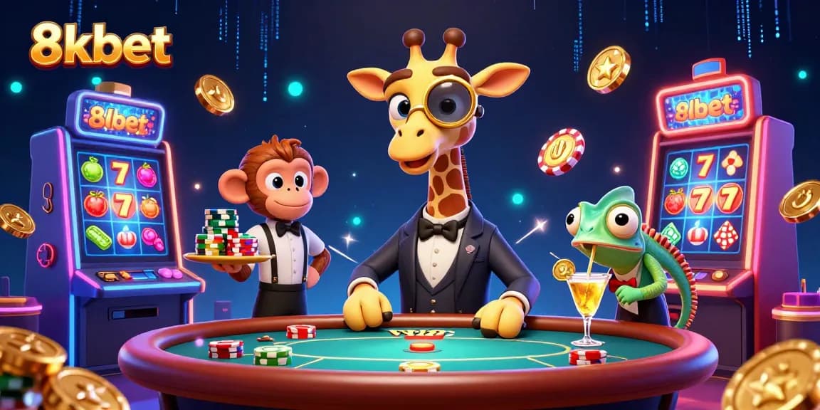 Experience thrilling gameplay with 8xbet's vibrant casino scene featuring a giraffe, monkey valet, and cocktail mixing chameleon.