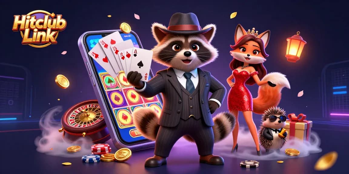 Hitclub Link showcases a suave raccoon in a pinstripe suit amidst explosive gaming action in a vivid casino setting.