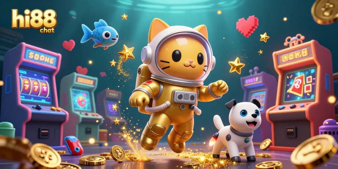 Engage with hi88 chat in a vibrant 3D casino universe, featuring an astronaut cat and robot dog.
