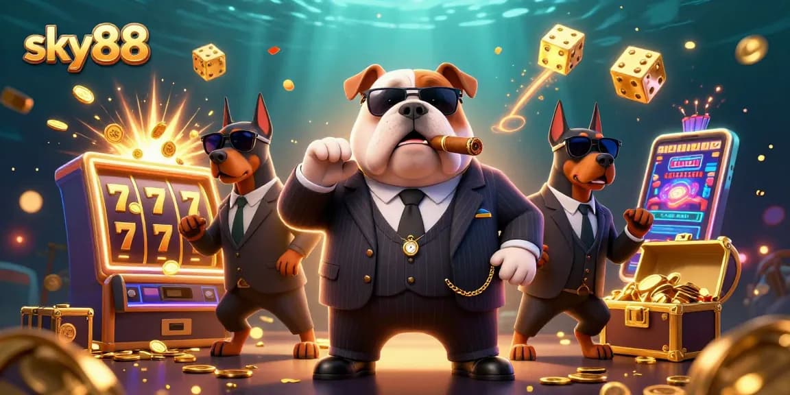Experience the excitement of sky88 with a vibrant 3D casino scene showcasing slot machines and game elements.