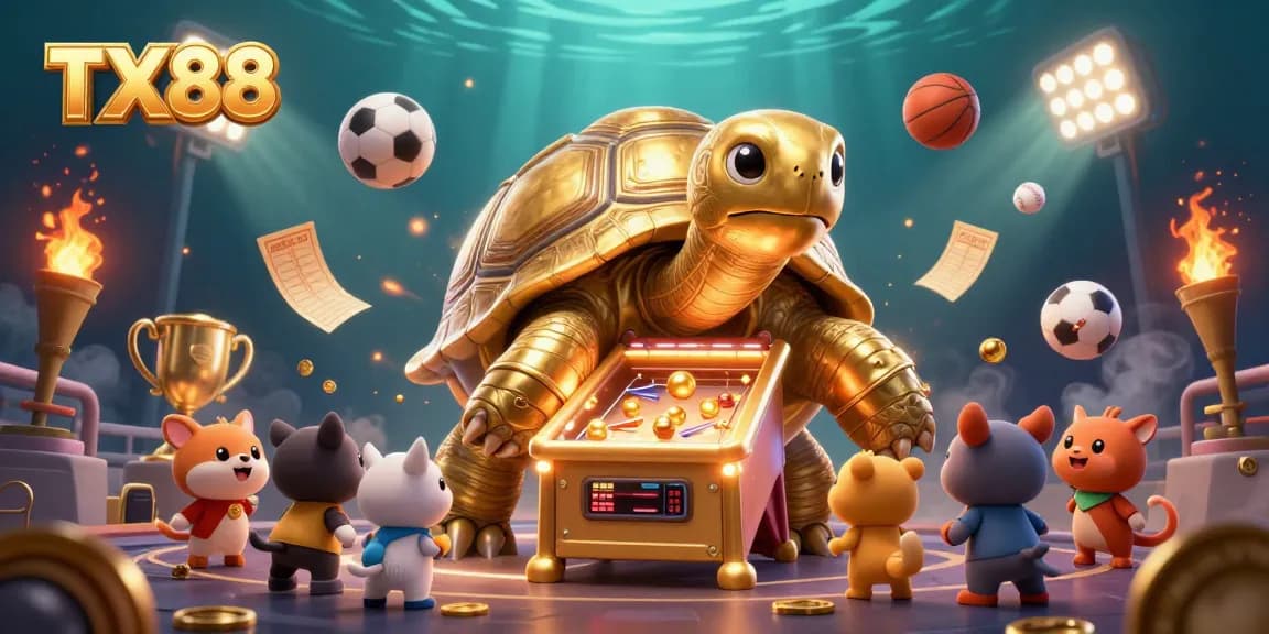 Engage with TX88's vibrant casino world, featuring a golden tortoise and exciting sports elements.