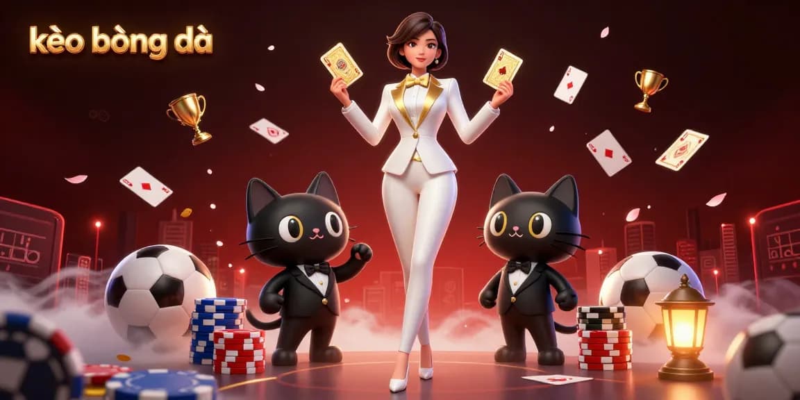 Feel the thrill of kèo bóng đá as a glamorous player shuffles cards beside a stylish cat in a casino setting.