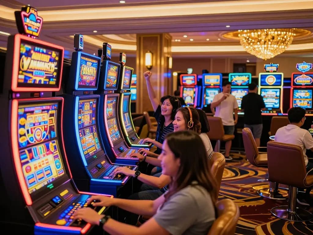 Players enjoying vibrant slot machines at LC88, celebrating wins in an exciting casino atmosphere.