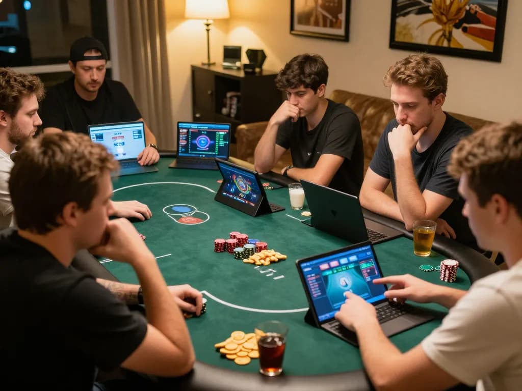 Players enjoying a competitive online poker game on 9bet at home, showcasing strategy and engagement