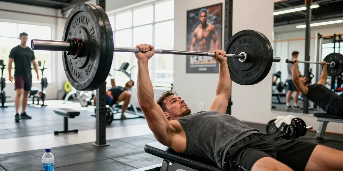 Bodybuilder hebt Gewichte in einem hellen Fitnessstudio bei Steroidshop.