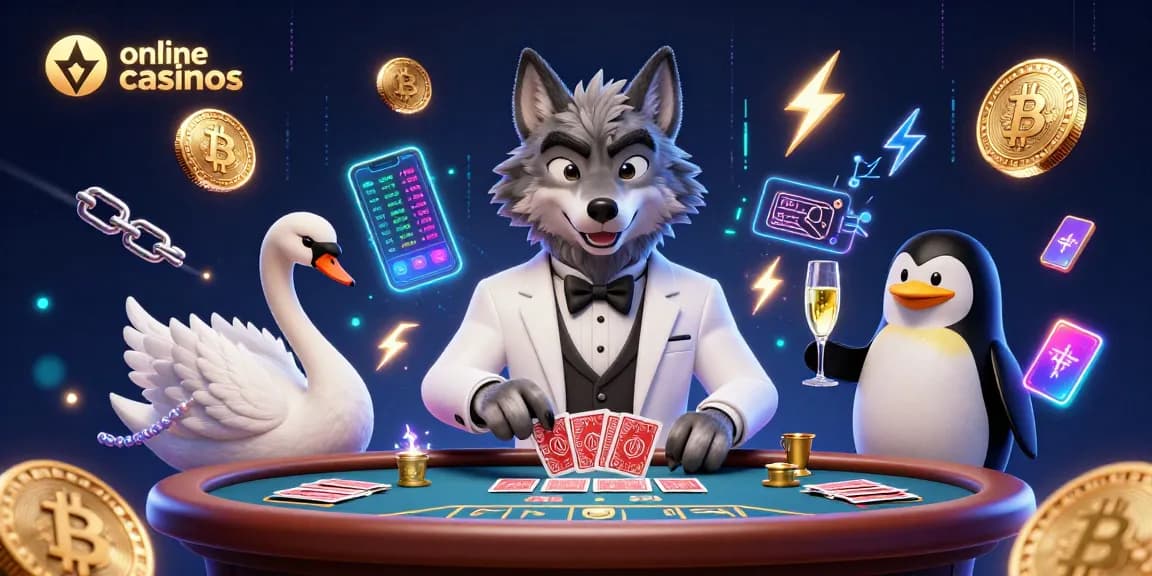 Engaging online casinos scene with a wolf, swan, and penguin in a vibrant crypto casino atmosphere.