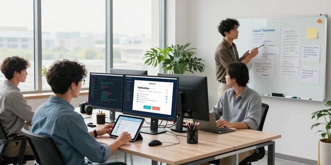 Innovative age verification system development scene with diverse team in modern office.