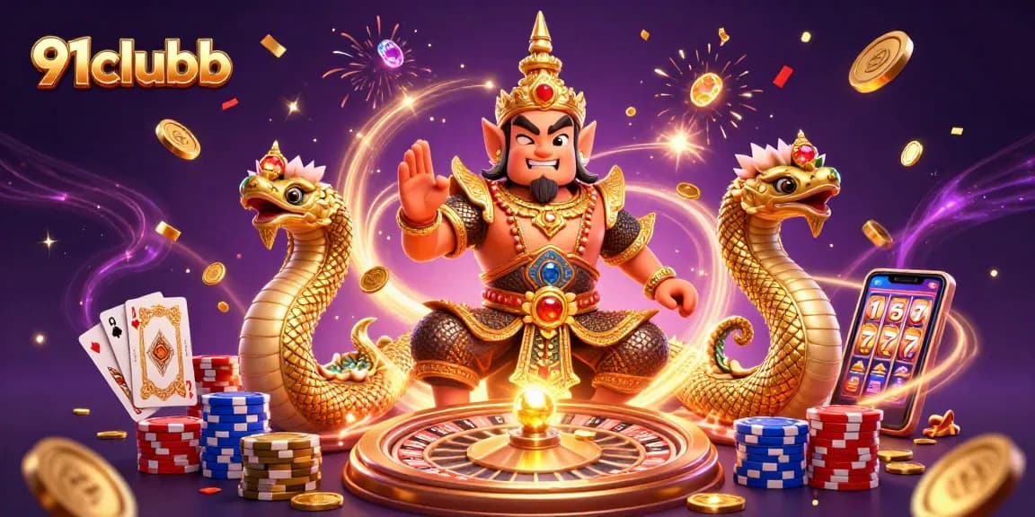 Join the excitement at 91clubb with golden coins, casino games, and vibrant action packed in a dynamic scene.