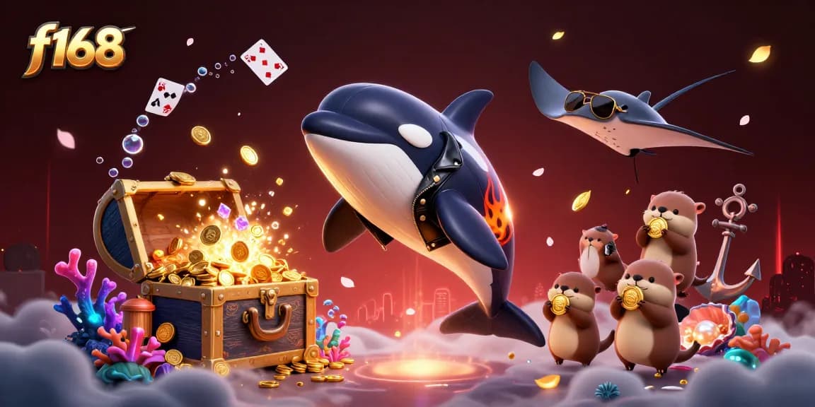 Engage with thrilling f168 online gaming as an orca, stingray, and otters celebrate wins with gold coins.