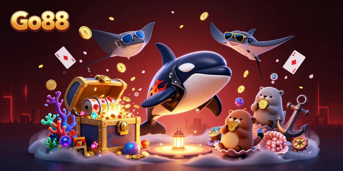 Experience excitement with Go88 as 3D characters celebrate winning underwater treasures and bonuses.