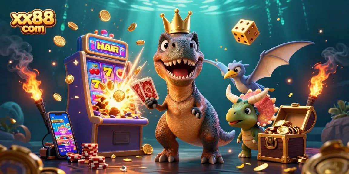 Experience thrilling games at xx88 com with a playful T-Rex, cards, and jackpot excitement.