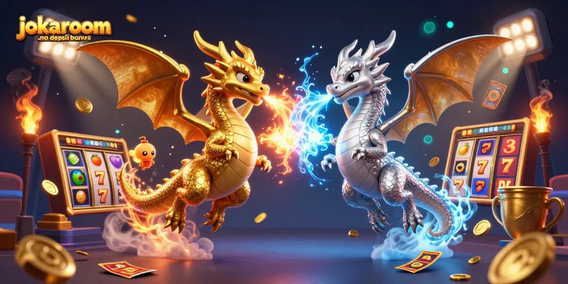 Experience the thrill of the jokaroom no deposit bonus in this vibrant casino-themed illustration featuring dragons.