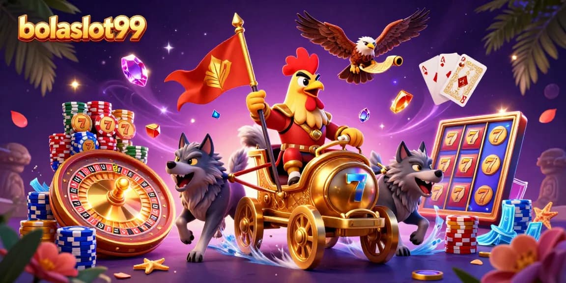 Bolaslot99 casino scene featuring a rooster warlord, golden chariot, and casino elements.
