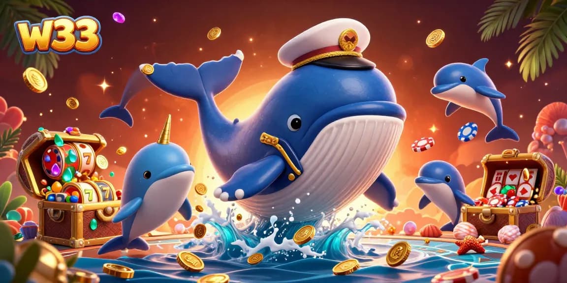 Revel in the w33 casino excitement with animated slots and playful dolphins amidst a treasure-filled ocean scene.