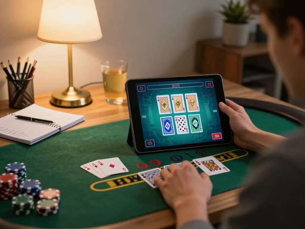 Engaging in blackjack strategy on 98win's online casino platform from a cozy home setup.