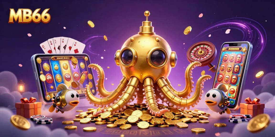 Engage with MB66 as the golden kraken submarine dives into a treasure of golden coins amidst thrilling casino elements.