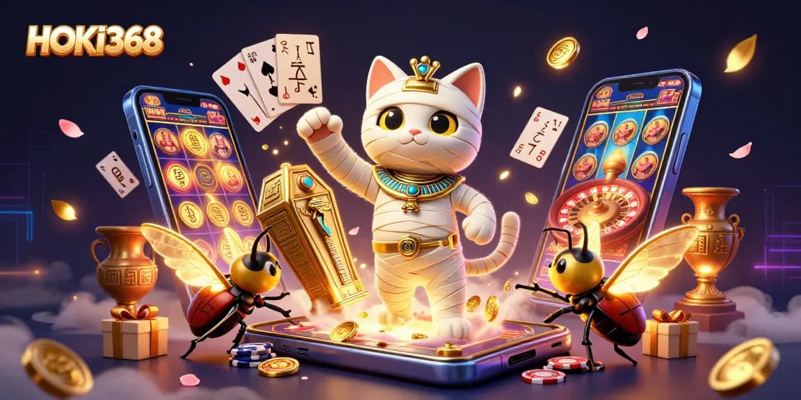 Engage with HOKI368 through this vibrant illustration of a pyramid casino scene featuring a mummy cat and rich gaming elements.