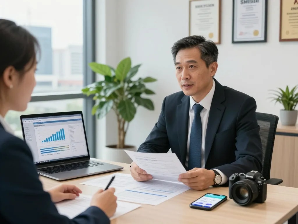 SMSF Accountants providing professional financial consultation in a modern office environment.