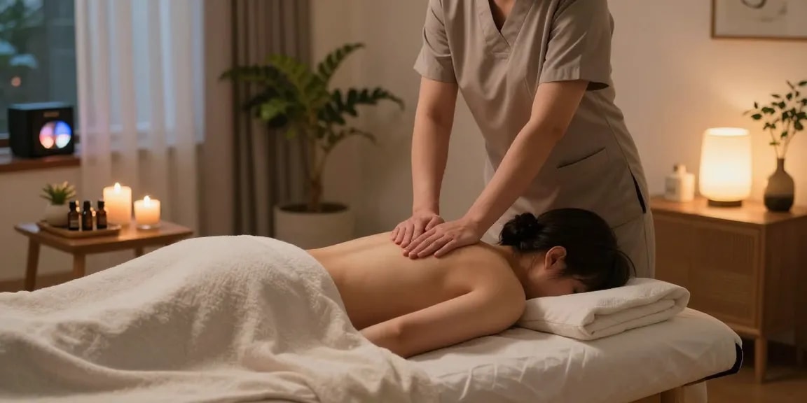 부천출장안마 service in a tranquil home massage setting with calming ambiance and professional setup.