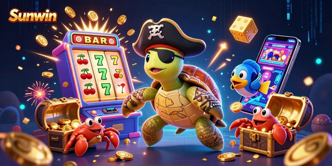 Sunwin enhances gameplay with vibrant jackpot excitement featuring a pirate turtle and treasures.