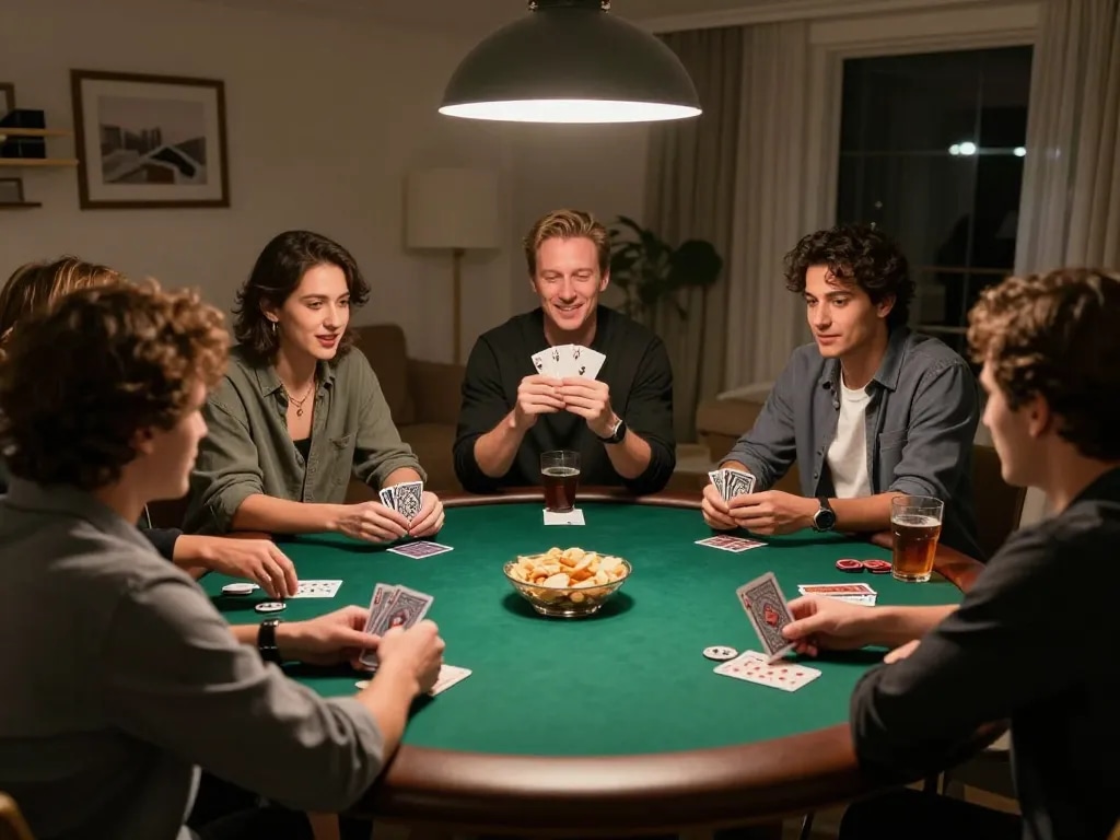 Friends enjoy a poker night at home, showcasing GK88 strategies with cards and chips on a round table.