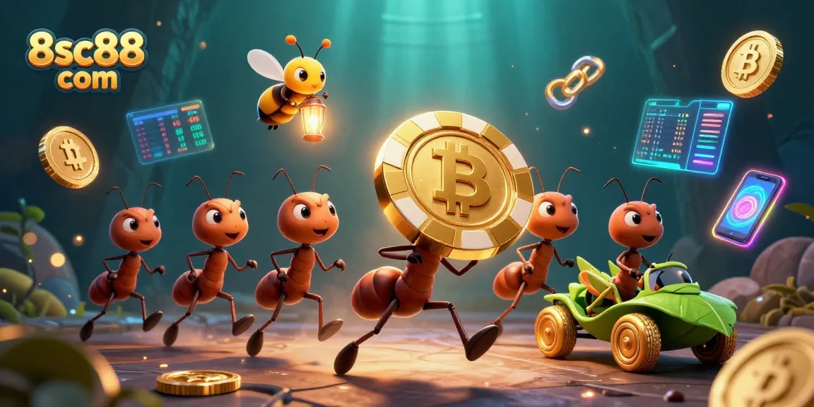 Experience thrilling gameplay at 8sc88 com with animated ants heisting a giant poker chip in an exciting casino scene.